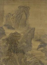 Nebliger Fluss und geschichtete Klippen, Ming-Dynastie (Tinte und Farbe auf Seide)